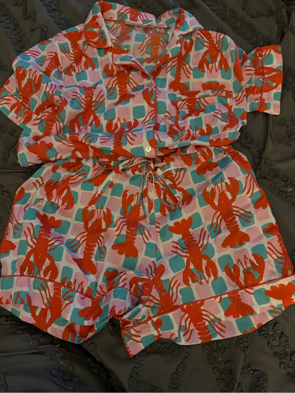 Bouffants & Broken Hearts Crawfish Two-Piece Set - Red, Teal & Pink, Small - Picture 3 of 7